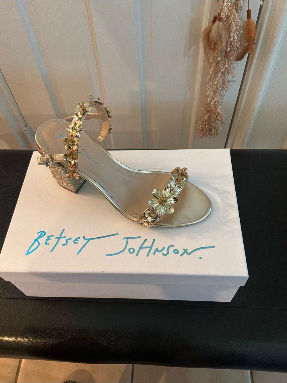 Betsey Johnson Gold Floral Strap Block Heel Sandals